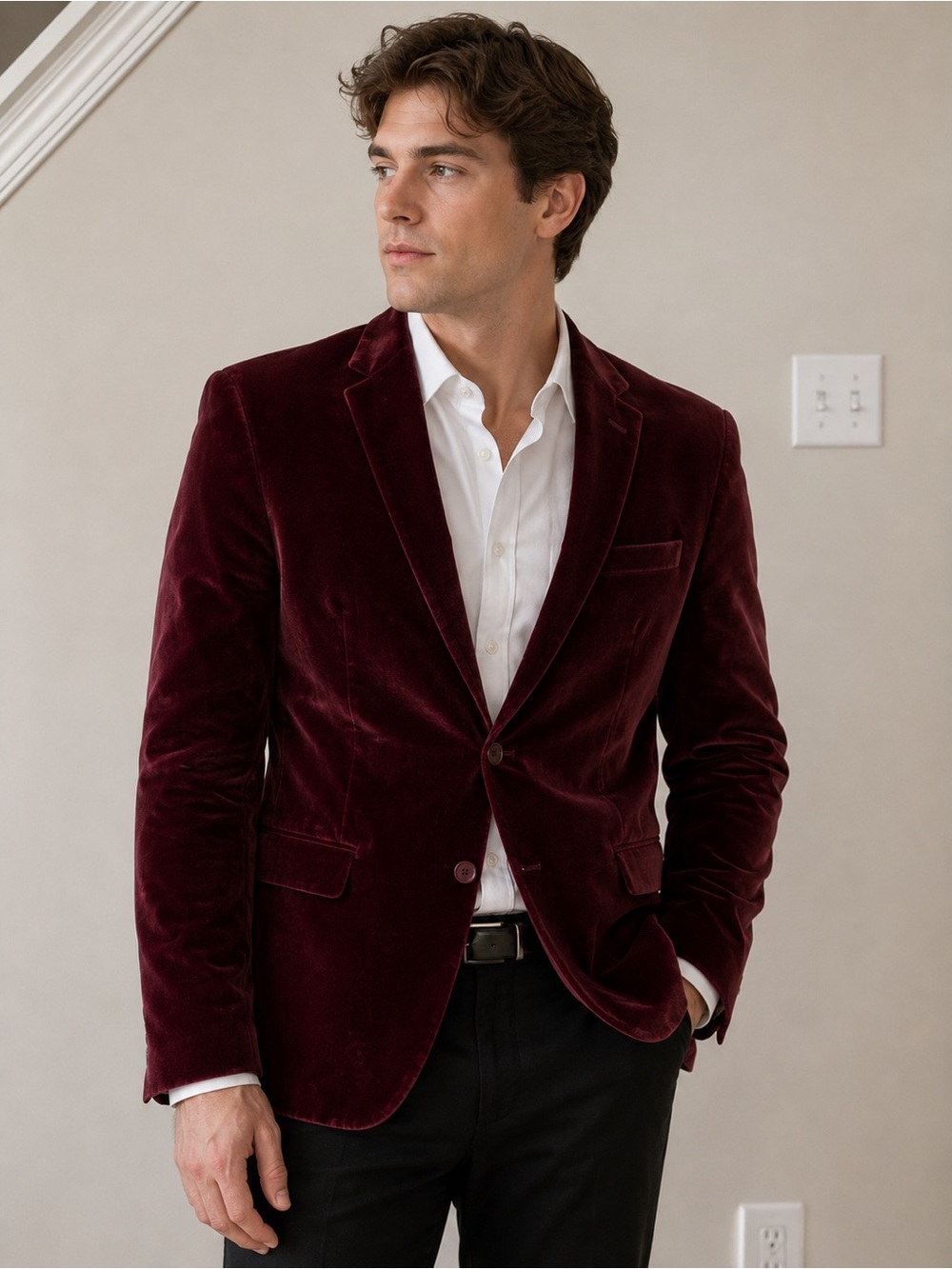 Men's Burgundy Velvet Sport Coat - Tailored Evening Blazer
